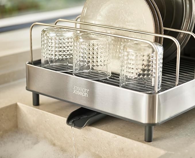 Joseph Joseph Extend Max Steel Expanding Dish Drying Rack, high Capacity for Large Items, Cutlery and Knife Holder, Swivel Draining Spout, Stainless Steel