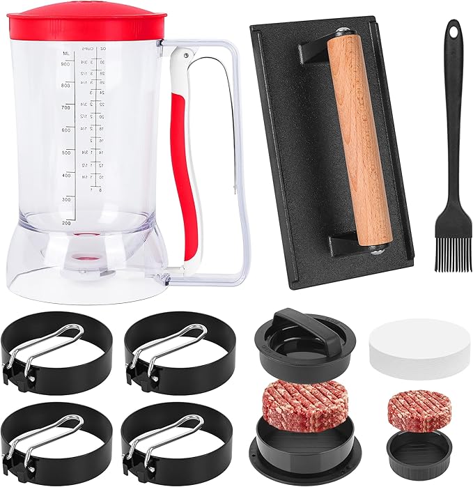 Blackstone Breakfast Kit Pancake Batter Dispenser 9PCS Griddle Accessories Set - Included Pancake Batter Dispenser Bacon Press Egg Rings Hamburger Press Patty Maker Brush and Oil Separating Paper