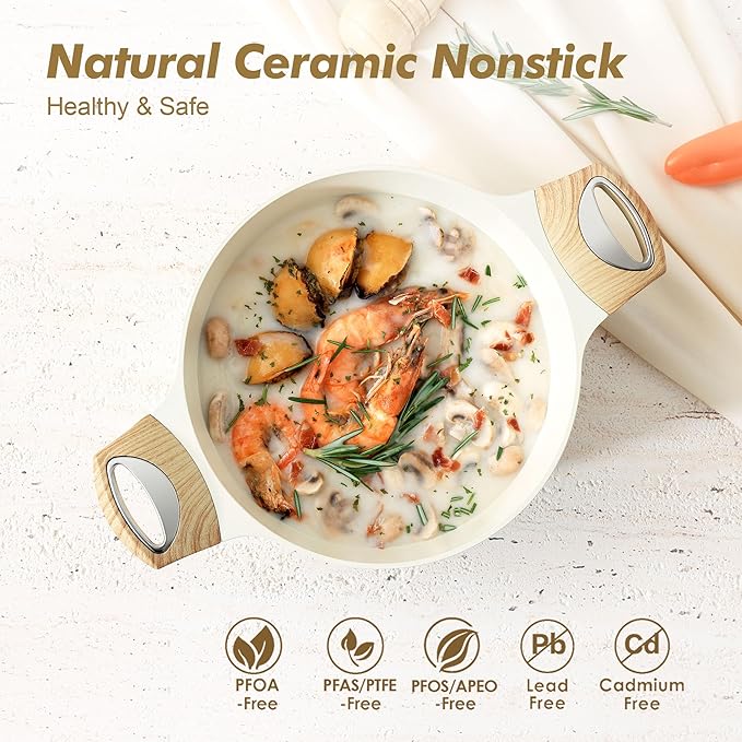 SENSARTE Ceramic Nonstick Stock Pot with Lid, 2.6/4.5/6.6/8.5 QT Soup Pot Casserole Pot, Non-toxic Healthy Pasta Pot, Large Cooking Pot Stew Pot, Induction Compatible, PFOA PFAS PTFE Free, White
