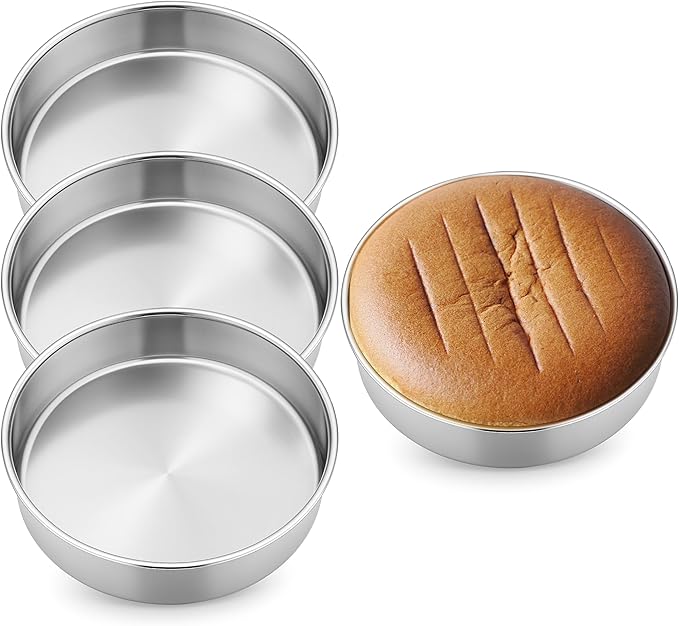 Leonyo 9Inch Round Cake Pans 4 Pack, Stainless Steel Circle Layer Cake Pans Set for Baking, Metal Round Baking Tins for Wedding Party, Dishwasher Oven Safe