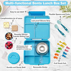 Bento Lunch Box with 9.5 oz Soup Thermo, Kids Leakproof 4 Compartments Bento Box with Silicone Cupcake,Fruit Fork,Spoon and Sauce Cup,Insulated Food Jar for School Travel-Blue