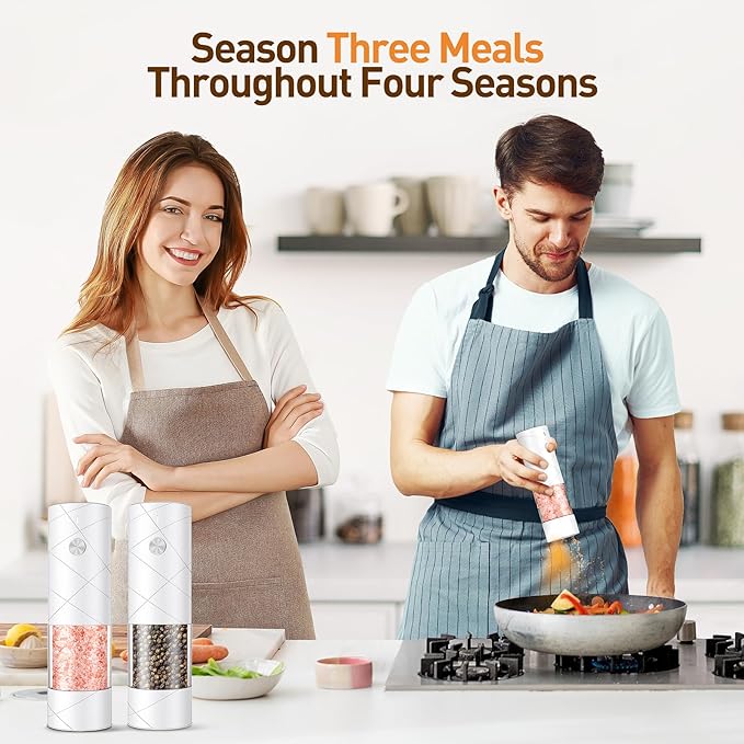 Electric Salt and Pepper Grinder Set, Rechargeable Automatic Pepper Mill Grinder with LED Light, Adjustable Coarseness shakers, One-Hand Operation for Kitchen(2 Pack, Upgrade White+White)