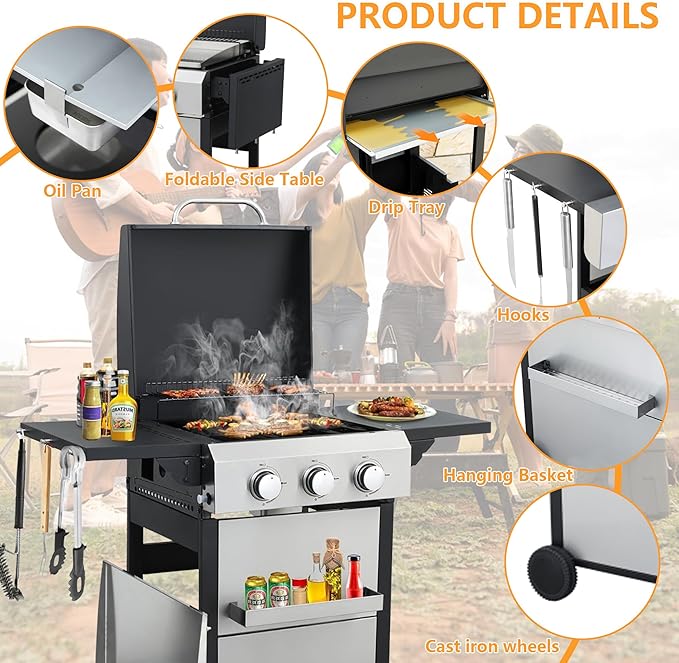 3-Burner Propane Gas BBQ Grill with Plate, 36900 BTU 2 in 1 Propane Griddle Grill Combo with 2 Foldable Side Table for Outdoor Cooking Camping Patio Backyard (3 burner +griddle)