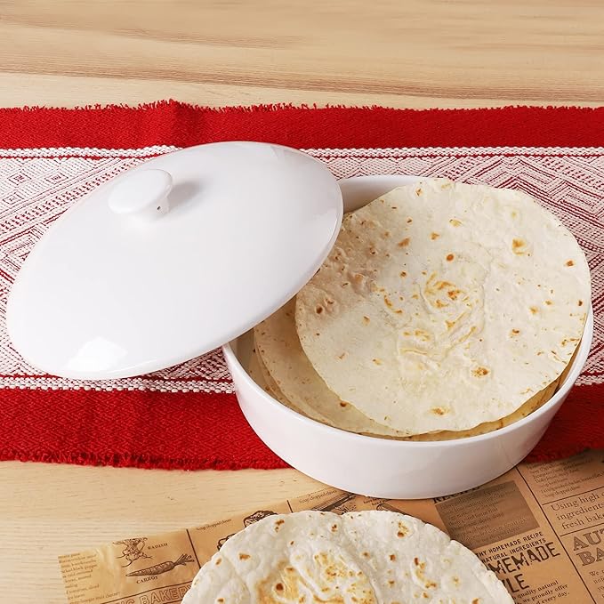 Sweese Ceramic Tortilla Warmer - Holds 12 Tortillas, Microwave & Oven Compatible, Elegant White Tortilla Holder with Lid for Taco Nights, Pancakes, Waffles - Durable & Easy to Clean