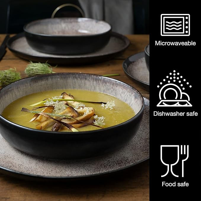 VIDA 12-Piece Porcelain Dinnerware Plate Set for 4 | Includes 4 Dinner Plates, 4 Dessert Plates, 4 Bowls | Modern Beige Ceramic Tableware, Stoneware Look, Microwave & Dishwasher Safe Dishes