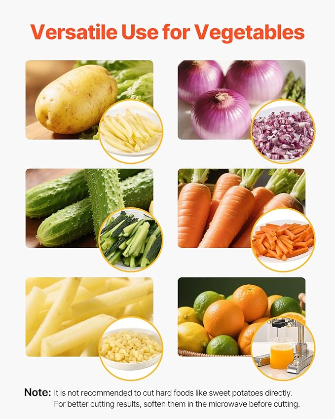 VEVOR Commercial French Fry Cutter, Stainless Steel Vegetable Fruit Chopper with 3 Replacement Blades 1/2-Inch 3/8-Inch 1/4-Inch, and a Juicing Blade, Manual Potato Slicer Dicer for Restaurants & Home