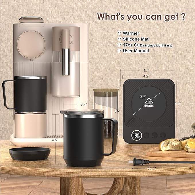 Coffee Mug Warmer & Mug Set for Desk, Electric Coffee Cup Warmer with 16oz Heated Mug, Smart Coffee Heater with Auto Shut Off for Office/Home, Christmas/Birthday/Coffee Gifts for Men & Women,Black