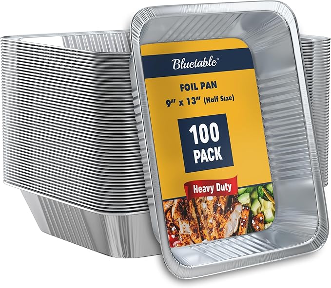 Bluetable Aluminum Foil Pans 9x13 Half Size Bulk [100 Case Pack] Heavy Duty Disposable Foil Pans - Chafing Dish Pan Baking Pan - Steam Table Pans, 9 x 13 Aluminum Trays for Serving Food [100 Pack]