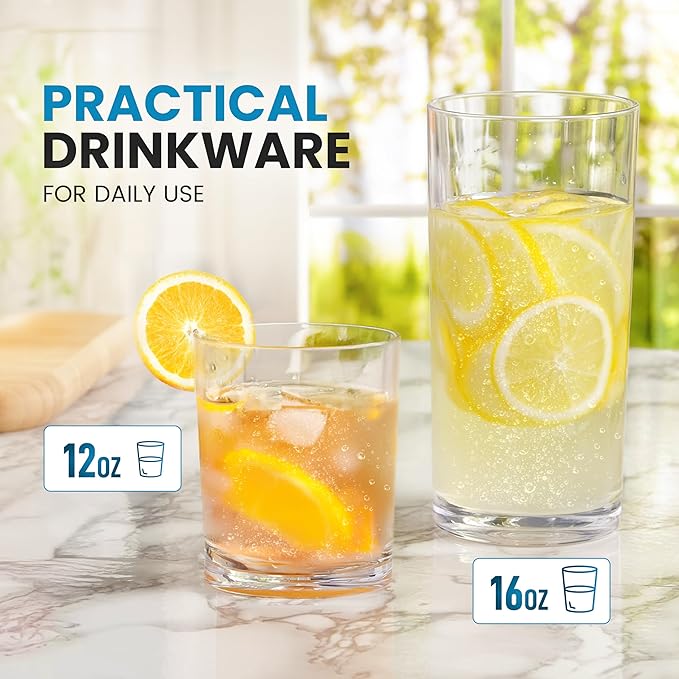 Zulay Kitchen Acrylic Plastic Glasses Drinkware - 8 Piece Unbreakable Drinking Glasses - BPA-Free, Reusable Plastic Tumblers for Home & Outdoors - Stackable, Lead-Free & Dishwasher Safe - (12&16oz)