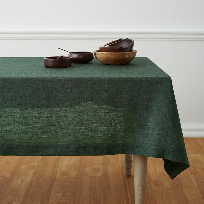 Solino Home Linen Tablecloth 60 x 120 Inch - 100% Pure Linen Forest Green Table Cloth for Rectangle Tables - Athena, Machine Washable Tablecloth for Fall, Autumn