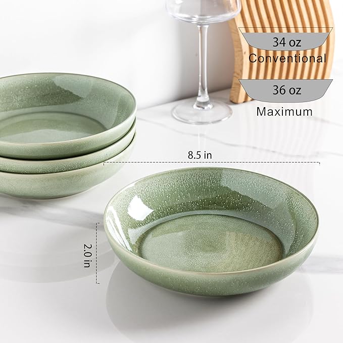 AmorArc 8.5'' Large Ceramic Pasta Bowls Set, 36oz Stoneware Bowls Set of 4 for Kitchen, Reavtive Glaze Bowls-Microwave,Dishwasher Safe for Pasta,Salad,Oatmeal-Olive Green