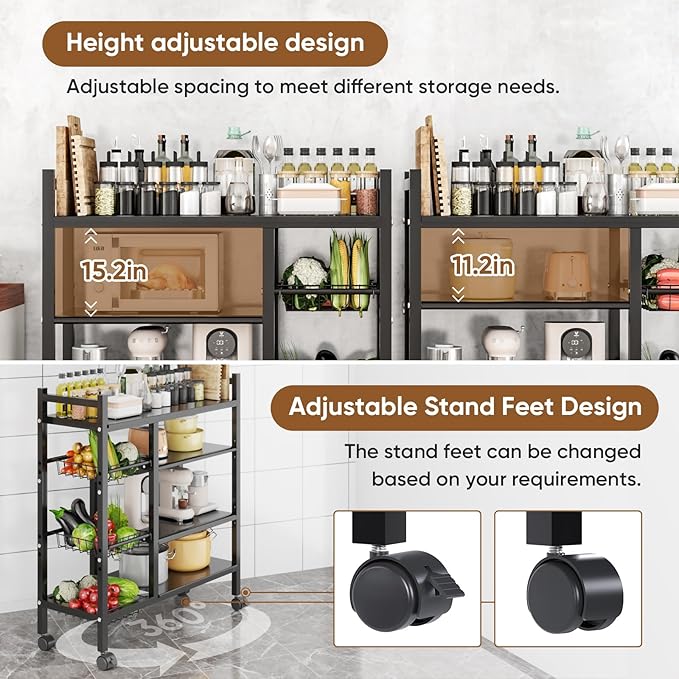 Kitchen Storage Bakers Rack with Wheels - Adjustable 4-Tier Microwave Stand with Storage Shelves, Kitchen Rack with 3 Wire Baskets,Microwave Stand, Metal Kitchen Cart for Pantry, (Black)