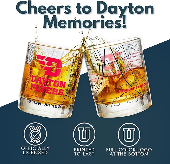Greenline Goods – University of Dayton Flyers College Whiskey Glasses (Set of 2), 10 oz – Full-Color Logo + Campus Map