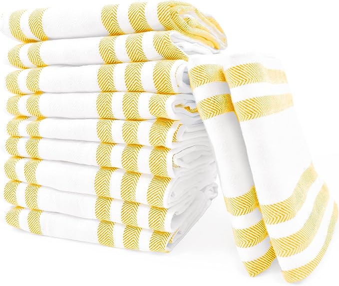 Realm 15" x 25" 100% Cotton Classic Kitchen Dish Towel (12 Pack) | Cuisine Stripe Ochri Yellow | Super Absorbent Machine Washable Tea Towels with Hanging Loop