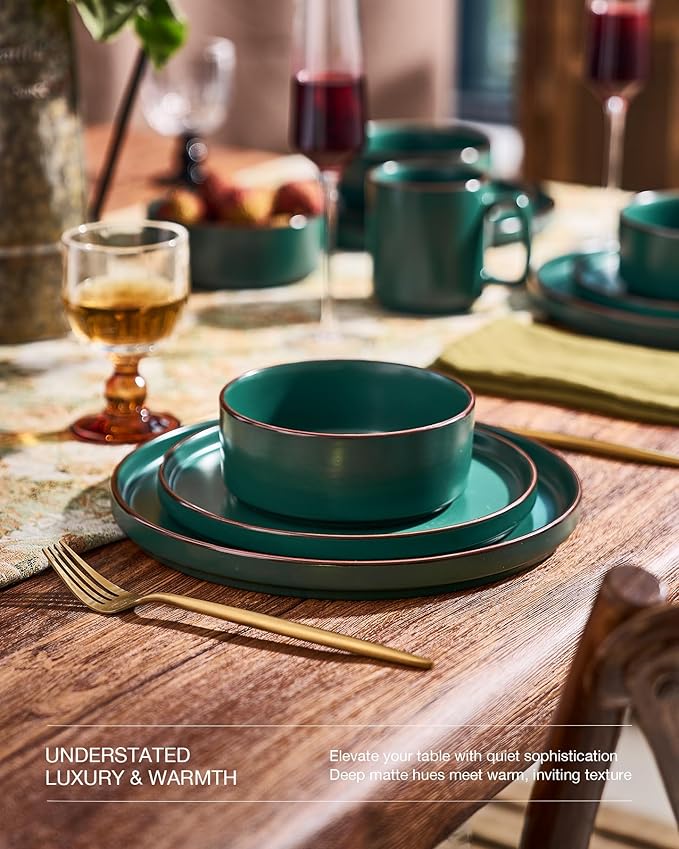 Famiware Nebula Ridge Stoneware Dinnerware Sets, Plates and Bowls Sets for 4, 12 Pieces Dishes Set, Microwave and Dishwasher Safe Kitchen Plates, Dark Green