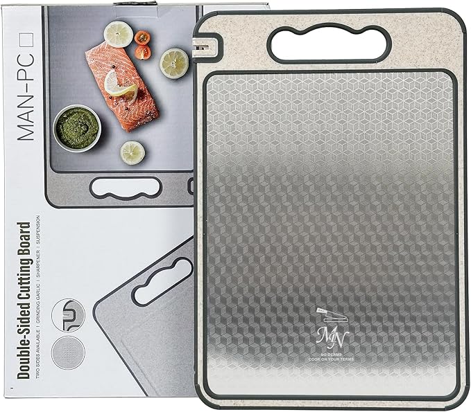 MAN-PC Cutting Board for Kitchen Double Sided 304 Stainless Steel Chopping Board Food-Grade Stainless Steel and Wheat Straw PP Samll Size 14’’×9.6’’ Easy to Clean
