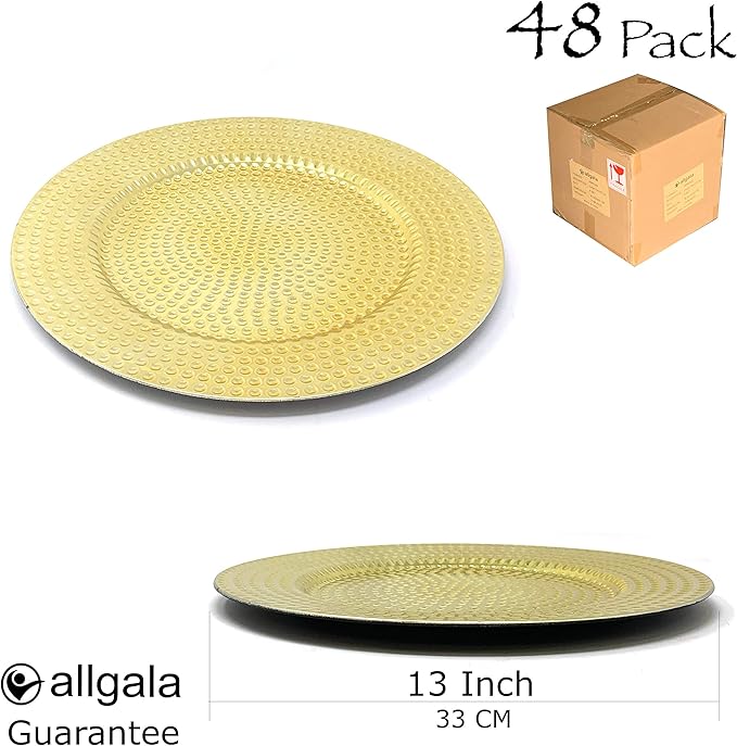 allgala 13-Inch 48-Pack Case Lot Heavy Quality Round Charger Plates-Hammered Gold-HD80371