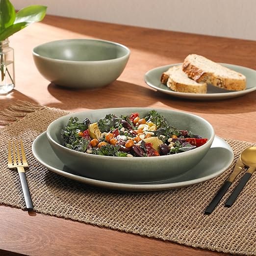 Gibson Elite Zion Mist 16 Piece Stoneware Reactive Glaze (Service for 4) Ceramic Plates and Bowls Modern Organic Dinnerware Set - Green