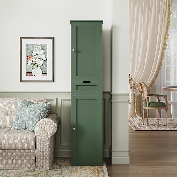 Tall Bathroom Cabinet with 2 Doors & 1 Drawer, Narrow Bathroom Storage Cabinet with Adjustable Shelves, for Living Room, Entryway, Kitchen, Forest Green