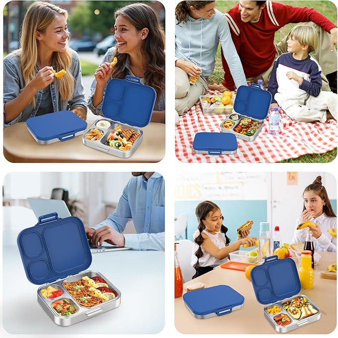 Stainless Steel Bento Lunch Box for Kids | 3-Compartment Lunch Box Container Kids | 100% Leakproof, Dishwasher-Safe, Eco-Friendly, Perfect Portion Control for Kids&Adult Healthy Meals (Blue)