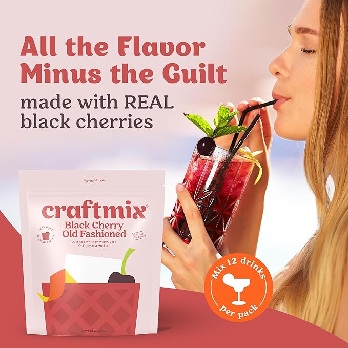Craftmix Black Cherry Old Fashioned Mix, Makes 12 Drinks, Bourbon and Whiskey Cocktail Mixer, Instant Skinny Cocktail and Mocktail Mix - With Real Fruit - Vegan Low Carb, Low Sugar, Non-GMO