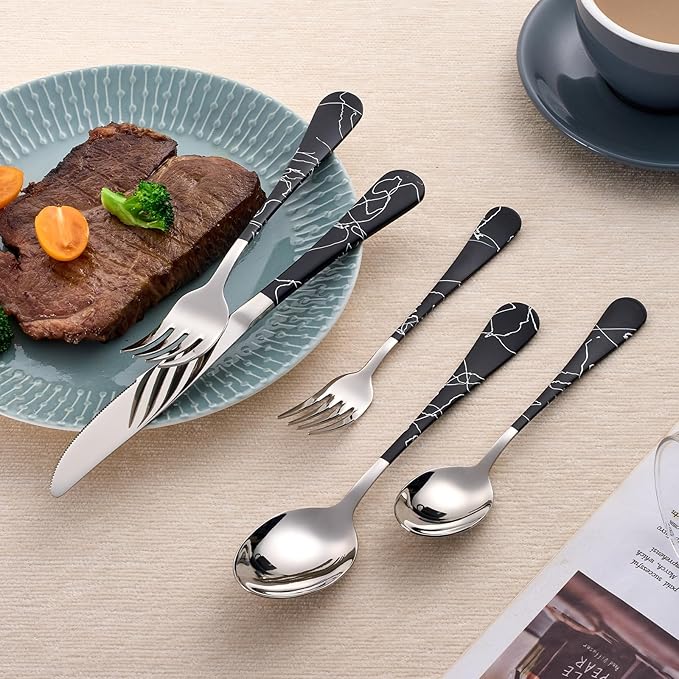 20-Piece Black crack Silverware Set 18/0 Stainless Steel Silverware Set Black crack Handle Cutlery Set Service for 4 Dinner Knives Forks Spoons Set Flatware Set Finish Dishwasher Safe