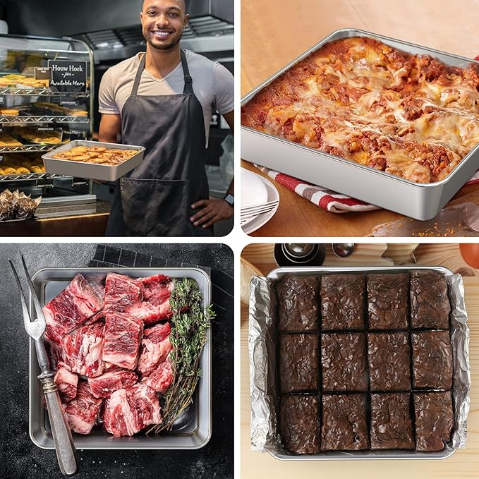 9 Inch Square Cake Pan Set of 2, Stainless Steel Baking Brownie Pan for Lasagna, Roaster Oven Cookie Sheet BBQ Grilling Pan for Baking Breads, Grilling Chicken & Vegetables, Dishwasher Safe