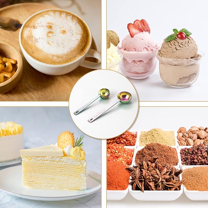 Premium coffee scoop set, set of 2, Metal stainless steel long handle coffee scoop, measuring coffee spoons contains 1 tablespoon (15 ml) and 2 tablespoons (30 ml) multicolor spoon