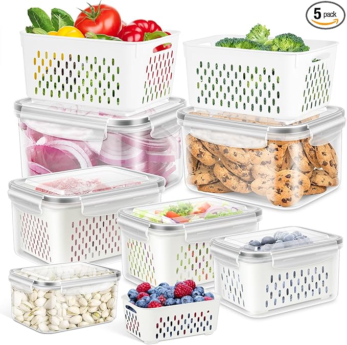 6 Pack Fruit Storage Containers for Fridge, Produce Saver Vegetable Container with Drain Colanders - Refrigerator Organizer for Lettuce Keepers Berry Container