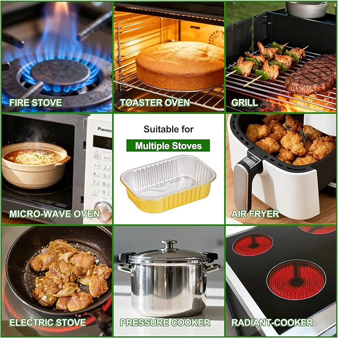 7.2"×5"×2.2" - 40 Pack 2 LB/32oz Gold Aluminum Foil Pans with Lids Heavy Duty, Foil Food Containers with Lids, Tin Foil Pans for Baking, Meal Prep, Freezer, Heating and Takeout