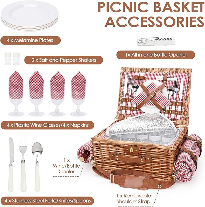 Picnic Basket for 4, Insulated Willow Picnic Baskets with Shoulder Strap, Picnic Hamper with Waterproof Picnic Blanket, Handmade Wicker Hamper for Outdoor, Great Gifts for Thanksgiving, Christmas