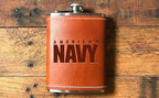 Leather Wrapped 8 oz Navy Flask | Stainless Steel USN Hip Flask for Liquor – Tobacco Brown, US Navy Gifts | Disabled USMC Vet Owned SMALL Business