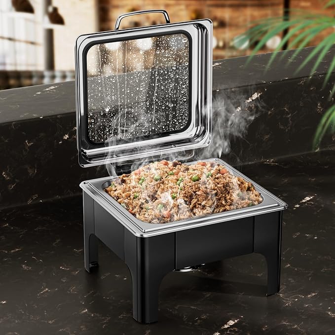 Chafing Dishes for Buffet, 6QT Square Stainless Steel Chafing Dish with Transparent Hydraulic Lid, 304 Food Pan, Buffet Warmer for Parties and Events (Black)