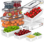 5 Pcs Fruit Storage Containers For Fridge with Removable Colander and Handle Lid, Refrigerator Organizers and Storage, Airtight Container to Keep Berry Fruit and Vegetable Fresh Longer Dishwasher Safe