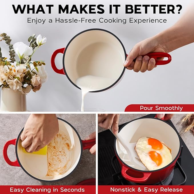 Onader 2QT Saucepan with Lid, Enameled Cast Iron Sauce Pan Pot, Small Dutch Oven Cooking Kitchen Pot, Nonstick & Heavy Duty – Red