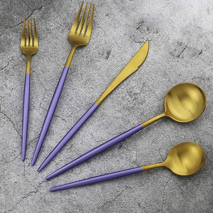 Gugrida 5-Piece Matte Gold Silverware Set, 18/10 Stainless Steel Satin Finish Flatware, Kitchen Utensil Set, Dishwasher Safe