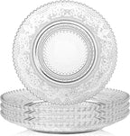 WHJY 6 Inch Clear Glass Plates 4 Pack Vintage Dinnerware Set Clear Floral Textured Dinner Plates for Home Party Wedding Crystal Glass Dishes for Fruit Salad Appetizer Dessert