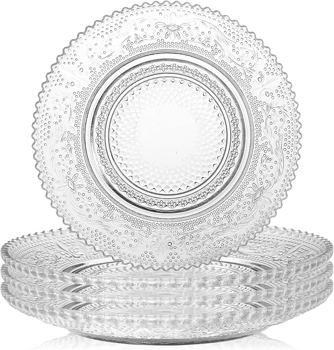 WHJY 6 Inch Clear Glass Plates 4 Pack Vintage Dinnerware Set Clear Floral Textured Dinner Plates for Home Party Wedding Crystal Glass Dishes for Fruit Salad Appetizer Dessert