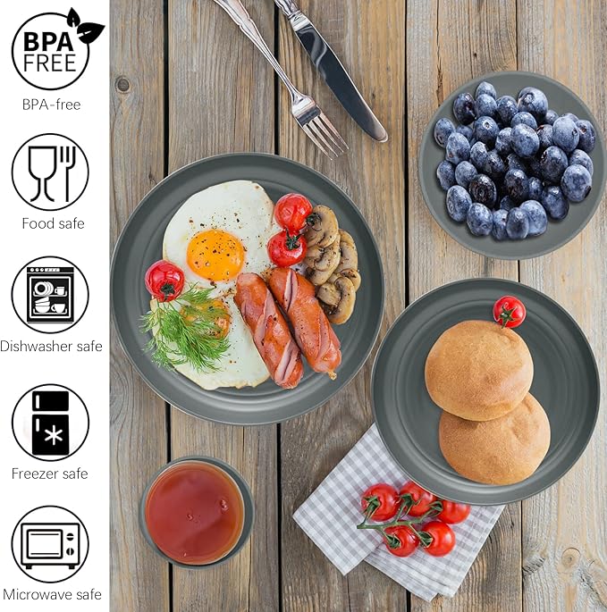 32-Piece Kitchen Plates and Bowls Sets,Lightweight Plastic Dishes Set for 8,Unbreakable Dinnerware Sets,Reusable Plates Set,Dishwasher and Microwave Safe, Dish Sets for Outdoor Camping,RV,Grey