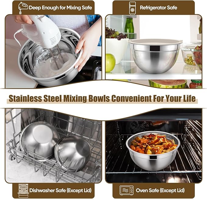 P&P CHEF Mixing Bowl with Airtight Lid Set of 5, 10-Piece Stainless Steel Nesting Salad Bowl Set for Prepping, Mixing and Serving, Size 4.6, 3, 1.5, 1, 0.7 QT, Rimmed Edges & Flat Base, Khaki
