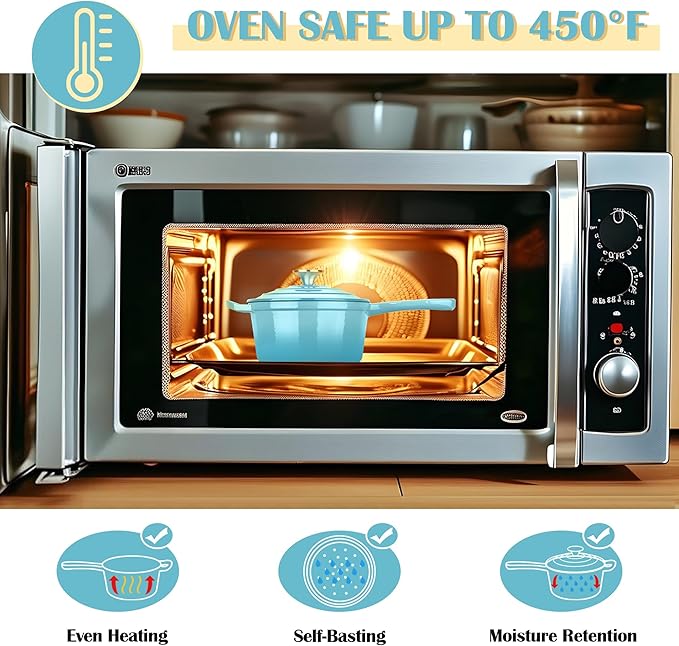 E-far Enameled Cast Iron Sauce Pan with Lid, 1 Quart Dutch Oven Saucepan, Mini Sauce Pot for Cooking, Boiling, Healthy & Non Toxic, Induction & Oven Safe, Light Blue