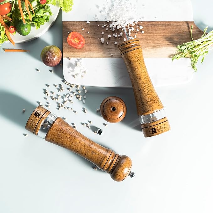 Wooden Salt and Pepper Grinder Set, 8 inch Rubber Wood Salt and Pepper Mills Set of 2 with Acrylic Visible Window & Adjustable Ceramic Rotor