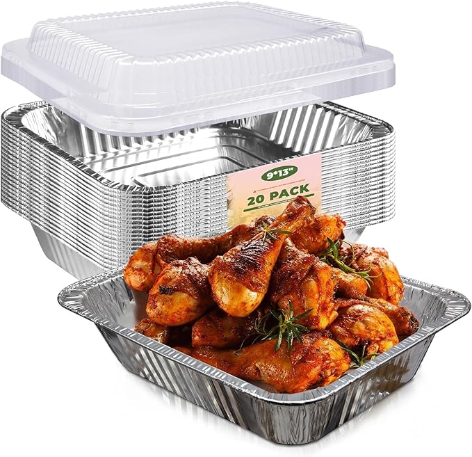 YLT WAX 9x13 Aluminum Pans with Lids, 20 Pack Disposable Foil Pan with Clear Lid, Half Size Deep Extra Heavy Duty Food Containers for Baking, Cooking, Roasting, Heating or Steam Table