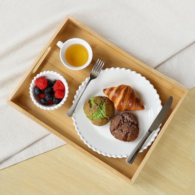 Gobam Bamboo Serving Tray with Built-in Handles, 16.5 x 12.4 inch Large Wooden Breakfast Trays for Bed, Coffee Table & Ottoman, Rectangular Decorative Tray for Entryway, Kitchen, Dining & Living Room