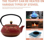 Cast Iron Teapot Tea Kettle with Stainless Steel Infuser for Stovetop Safe Coated with Enameled Interior Japanese Red Tetsubin with Maple Leaves Pattern(30.4oz/900ml)