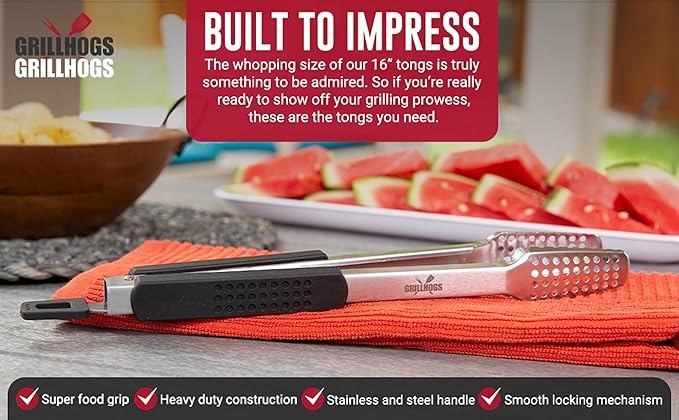 9" Long Stainless Steel BBQ Grill Tongs with Soft Grip Handle - 1 Pair, Black