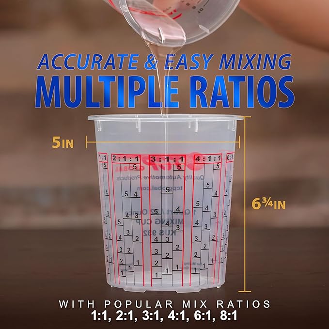 Custom Shop Paint Mixing Cups, 32-Ounce (Box of 100) - Plastic Measuring Cups for Liquids, Automotive Painting, Epoxy Resin, Acrylic Arts, Crafts, Disposable or Reusable, Graduated, Mixing Ratios