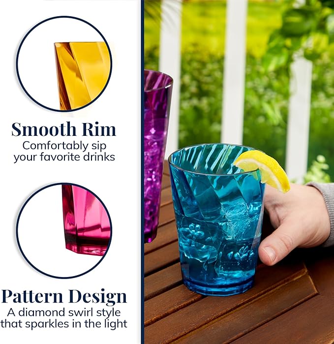 US Acrylic Optix Plastic Reusable Drinking Glasses (Set of 16) 14oz Rocks & 20oz Water Cups in Jewel Tone Colors | BPA-Free Tumblers, Made in USA | Top-Rack Dishwasher Safe