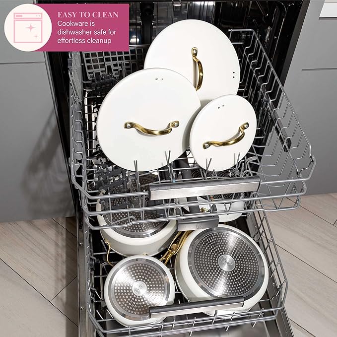 Paris Hilton Iconic Nonstick Pots and Pans Set, Multi-layer Nonstick Coating, Matching Lids With Gold Handles, Made without PFOA, Dishwasher Safe Cookware Set, 10-Piece, Cream