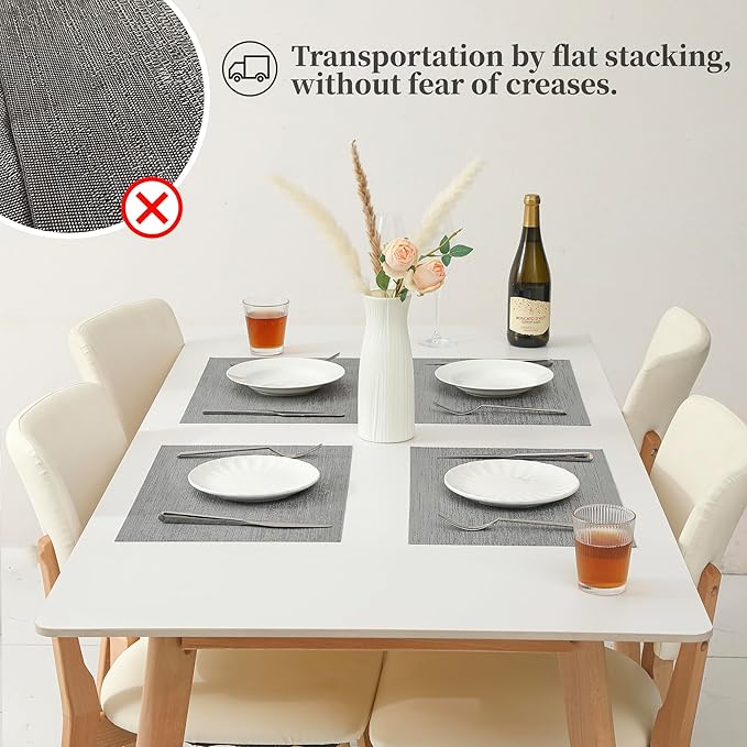 Leetaltree Grey Placemats, Heat Resistant Non-Slip Place mats for Dining Table, Washable Durable PVC Vinyl Woven Table Mats (Set of 8)